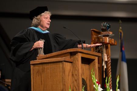 Anna Clifford, retired professor of education, delivers the commencement address titled "Catch the Teachable Moment" during Summer Commencement. - Photo by Kristi McMurry Woody