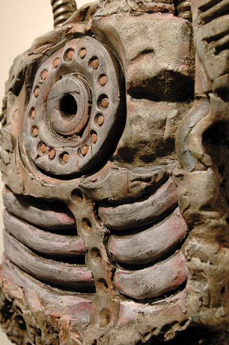 One of a series in clay, wood, steel and acrylic paint by Chris Nadasky in the faculty art show. - Photo by Lindsay Stavish