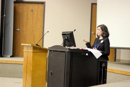 Breanne Vailes, programming coordinator for the Vocatio Center, speaks to students at the Student Leadership Program (SLP) Orientation.  - Photo by Morgan Morfe