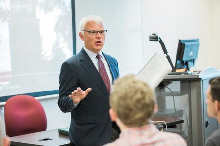 Mark Dubis, professor of Biblical studies, teaches a class in Jennings Hall. - Photo by Kristi McMurry Woody