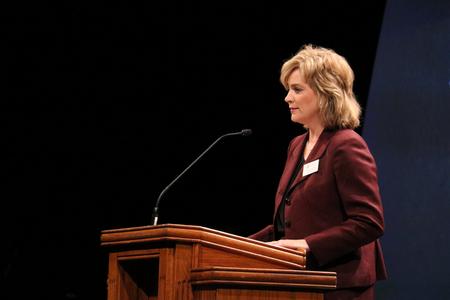 Catherine Kwasigroh, vice president for institutional advancement, welcomes guests to the 19th annual Scholarship Banquet. - Photo by Elizabeth Wilson