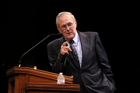 Donald Rumsfeld delivers the keynote address for the 19th annual Scholarship Banquet. - Photo by Elizabeth Wilson
