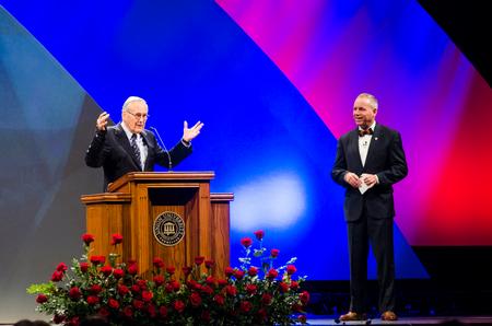 Former secretary of defense Donald Rumsfeld answers audience questions during the 19th annual Scholarship Banquet. - Photo by Gretchen Foels