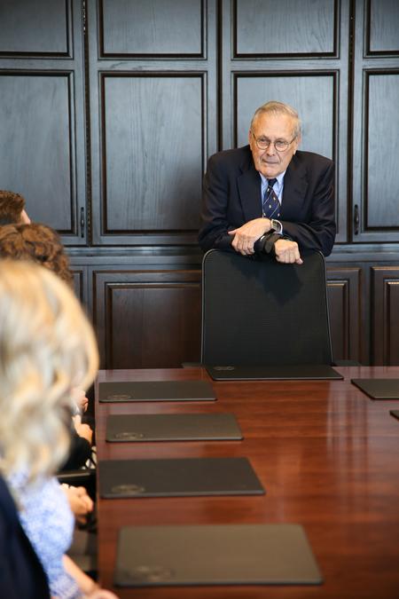 Former U.S. Secretary of Defense Donald Rumsfeld meets with student leaders prior to the 19th annual Scholarship Banquet. - Photo by Kristi McMurry Woody
