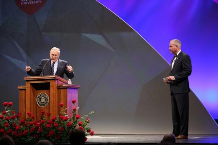 Former U.S. Secretary of Defense Donald Rumsfeld answers questions from the audience during the 19th annual Scholarship Banquet. - Photo by Kristi McMurry Woody