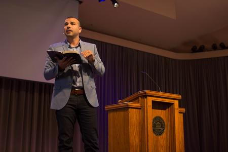 Noe Garcia speaks during the Faith in Practice chapel series. - Photo by Morgan Morfe
