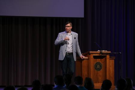 Micah Fries, senior pastor at Brainerd Baptist Church in 
Chattanooga, TN, speaks to students in chapel this fall. - Photo by Elizabeth Wilson