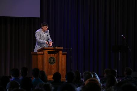 Micah Fries, Senior Pastor at Brainerd Baptist Church in 
Chattanooga, TN, speaks to students in chapel about how to engage with culture to help spread the gospel. - Photo by Elizabeth Wilson