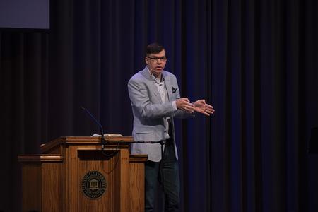 Micah Fries, Senior Pastor at Brainerd Baptist Church in 
Chattanooga, TN, speaks in chapel. - Photo by Elizabeth Wilson