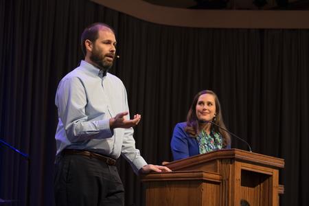 Steve and Angela Moses, from World Relief in Memphis, speak to students in chapel about refugee ministry. - Photo by Elizabeth Wilson