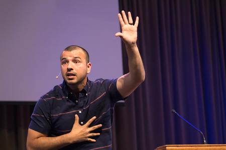 Noe Garcia speaks during the Faith in Practice chapel series.  - Photo by Janelle Vest