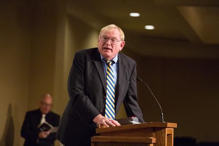 Alan Chamness ('70) accepts the Lest We Forget Award during homecoming weekend at the Meritorious Service Awards Banquet. - Photo by Kristi McMurry Woody