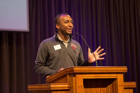 Jonathan Boyd, enrollment counselor, introduces the speaker in Chapel.  - Photo by Morgan Morfe