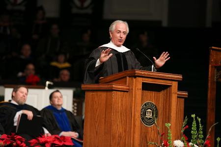 Senator Bob Corker delivers the commencement address to graduates.  - Photo by Kristi McMurry Woody