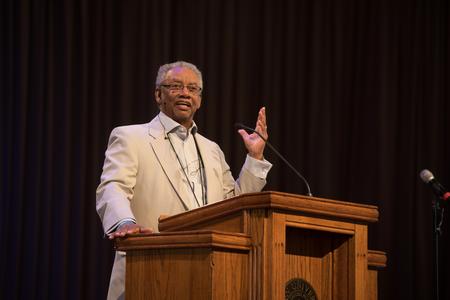 Pastor and retired Union faculty Roland Porter delivers the chapel message.  - Photo by Elizabeth Wilson