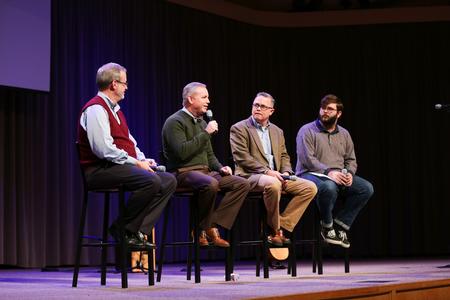 Dan Lancaster, Dub Oliver and Todd Brady have a panel discussion about why chapel is important at Union. Shea McCollough, sophomore English major, asks each of them a question. - Photo by Kristi McMurry Woody