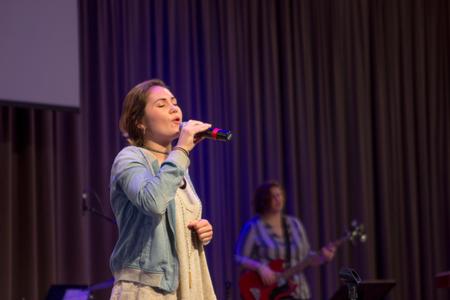 Paula Wentley, freshman Nursing major leads worship during Chapel.  - Photo by Morgan Morfe
