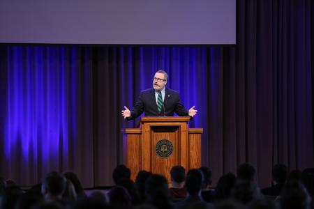 Nathan Finn, dean for the School of Theology and Missions, speaks in chapel. - Photo by Kristi McMurry Woody