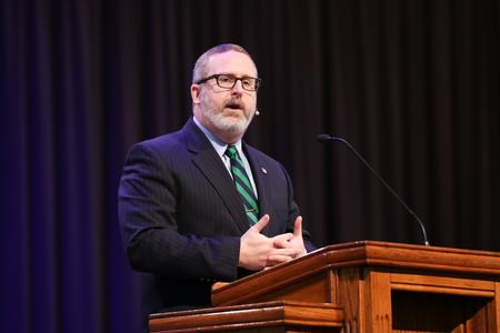 Nathan Finn, dean for the School of Theology and Missions, speaks in chapel. - Photo by Kristi McMurry Woody