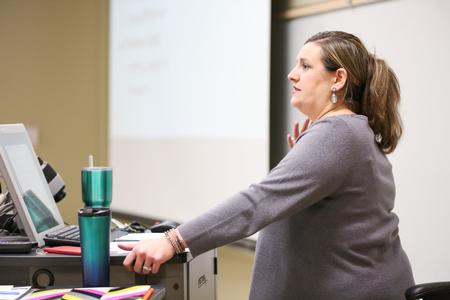 Christina Davis, assistant professor of nursing, teaches class.  - Photo by Kristi McMurry Woody