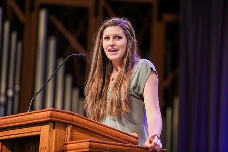 Amy McKelvey, junior interdisciplinary studies major, speaks during the GO Trip commissioning chapel.  - Photo by Kristi McMurry Woody