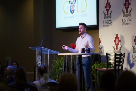 David Boudia, Olympic gold medalist in diving, speaks at the Union Auxiliary banquet. - Photo by Kristi McMurry Woody