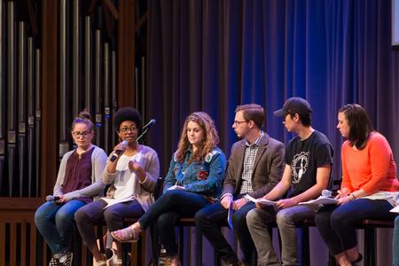 Students and staff give a recap of spring GO Trips in chapel. - Photo by Gretchen Foels