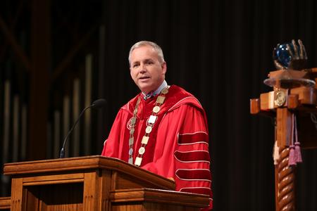 Dub Oliver, president of the university, delivers the Convocation address. - Photo by Kristi McMurry Woody