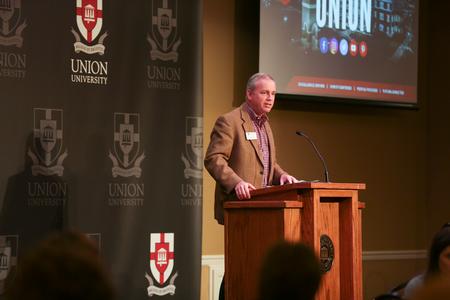 Dub Oliver, president of the university, addresses guests at the President's Brunch during Family Weekend.  - Photo by Kristi McMurry Woody