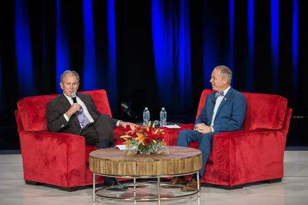 George W. Bush, 43rd president of the United States, answers a question during the Q&A at the 20th annual Scholarship Banquet. - Photo by Kristi McMurry Woody