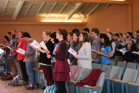Students sing hymns during chapel. - Photo by Kristi McMurry Woody