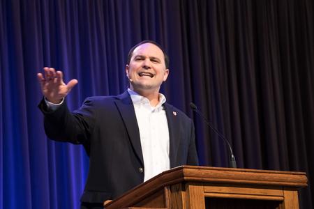 Justin Wainscott, pastor at First Baptist Church in Jackson, TN, speaks to students at chapel. - Photo by Janelle Vest