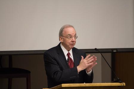 David S. Dockery, former president of Union University, lectures on "Southern Baptists and Evangelicals" during the second annual "Dockery Lectures." - Photo by Riley Boggs