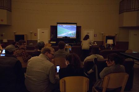Students and residence life staff watch Super Bowl 52 in the McAfee student commons.  - Photo by Riley Boggs