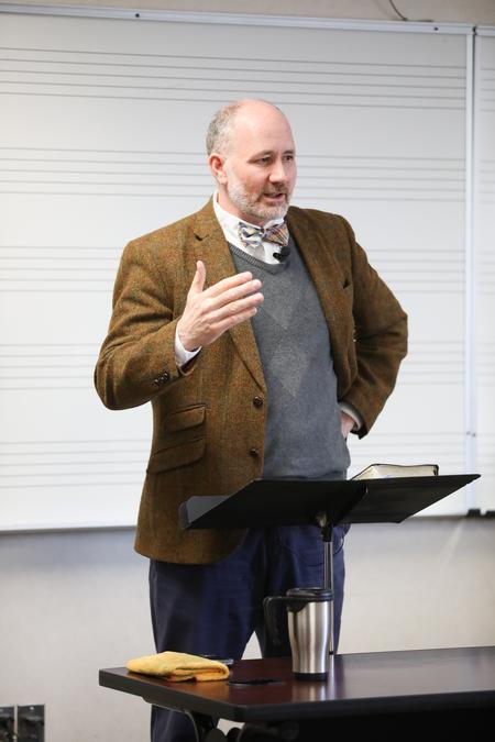 Brad Green, associate professor of theological studies, gives an address as part of the Spring Bible Conference held at Union University. - Photo by Kristi McMurry Woody
