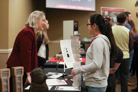 Jeannette Russ, professor of engineering and department chair, talks with a prospective student during Day at the U.  - Photo by Kristi McMurry Woody