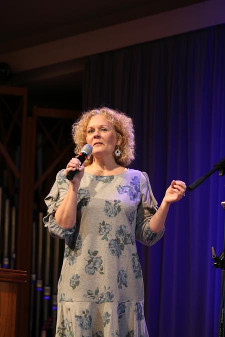 Pam Neu, teacher at Christian Academy of Knoxville, speaks in chapel. - Photo by Hannah Heckart