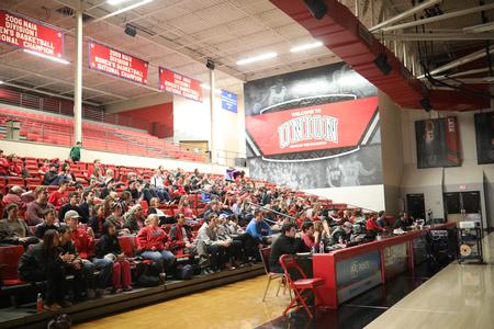 Students, faculty and staff gather to watch the livestream of the Lady Bulldogs game in the NCAA DII tournament. - Photo by Kristi McMurry Woody
