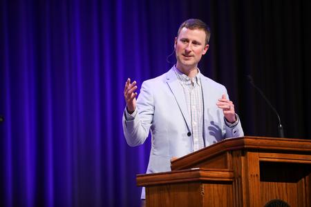 Jacob Harris speaks in chapel. - Photo by Kristi McMurry Woody