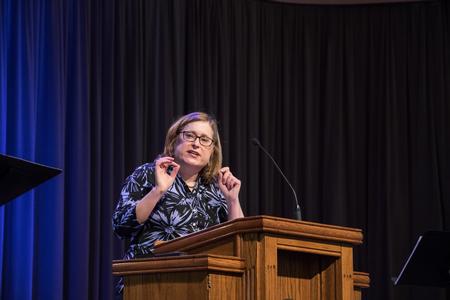 Wheaton College Professor of English, Christina Bieber Lake, speaks to students at chapel.  - Photo by Janelle Vest