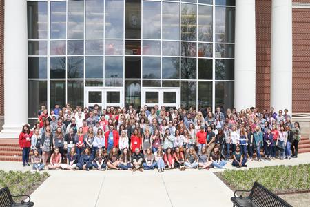 Future Union students pose for a photo with Dub Oliver, president of the university, during Accepted Student Day. - Photo by Kristi McMurry Woody