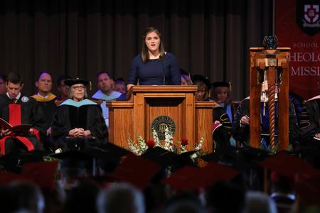 Brooklyn Croom, vocal performance major, sings "Jesus, the Very Thought of Thee" during summer graduation. - Photo by Kristi McMurry Woody
