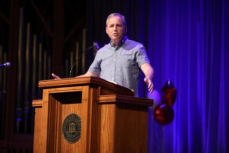 Dub Oliver, president of the university, welcomes new students and their families to Union during the Welcome Week chapel. - Photo by Kristi McMurry Woody
