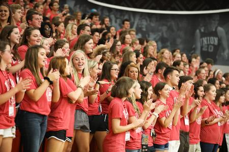 New students learn cheers during the Welcome Week spirit rally. - Photo by Kristi McMurry Woody