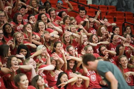 New students learn cheers for athletic games during the Welcome Week spirit rally. - Photo by Kristi McMurry Woody