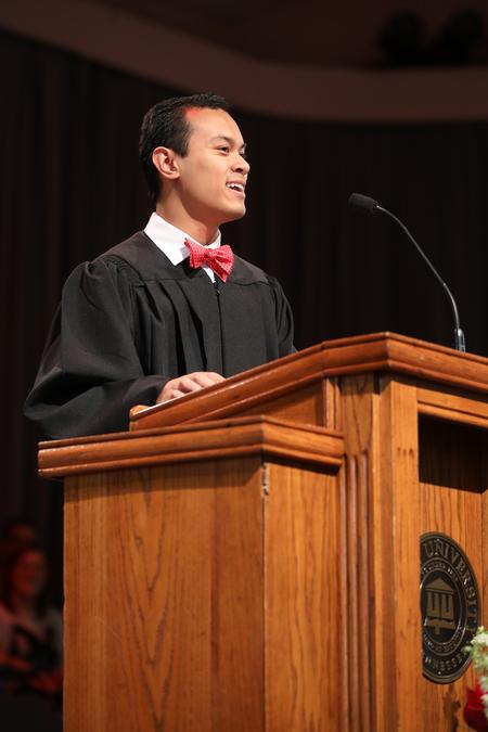 Binh Morris, business administration major and SGA president, speaks during Fall Convocation. - Photo by Kristi McMurry Woody