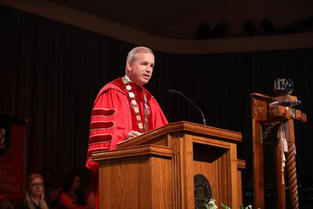Dub Oliver, president of the university, speaks on temperance during Fall Convocation. - Photo by Kristi McMurry Woody