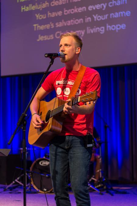 Eli Parker and the UWorship team lead worship during chapel. - Photo by Nikki Grim