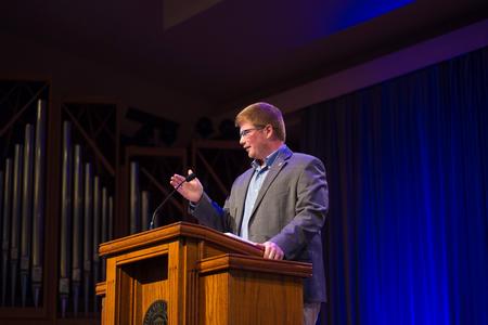 Joe Ball, director for discipleship and ministry, speaks during chapel. - Photo by Nikki Grim