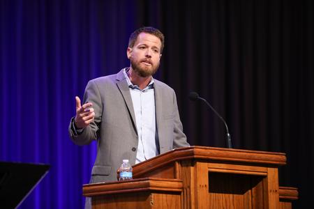 David Carothers, pastor of discipleship at FBC Jackson, speaks in chapel on Psalm 150. - Photo by Kristi McMurry Woody
